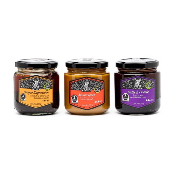 FUEGO AZTECA | 3-Pack Esencial - Kit de 3 Salsas Premium con Aceite de Oliva virgen: Néctar Ígneo + Manjar Emperador + Nutty & Picante - 3 piezas de 200g c/u - Ingredientes naturales.