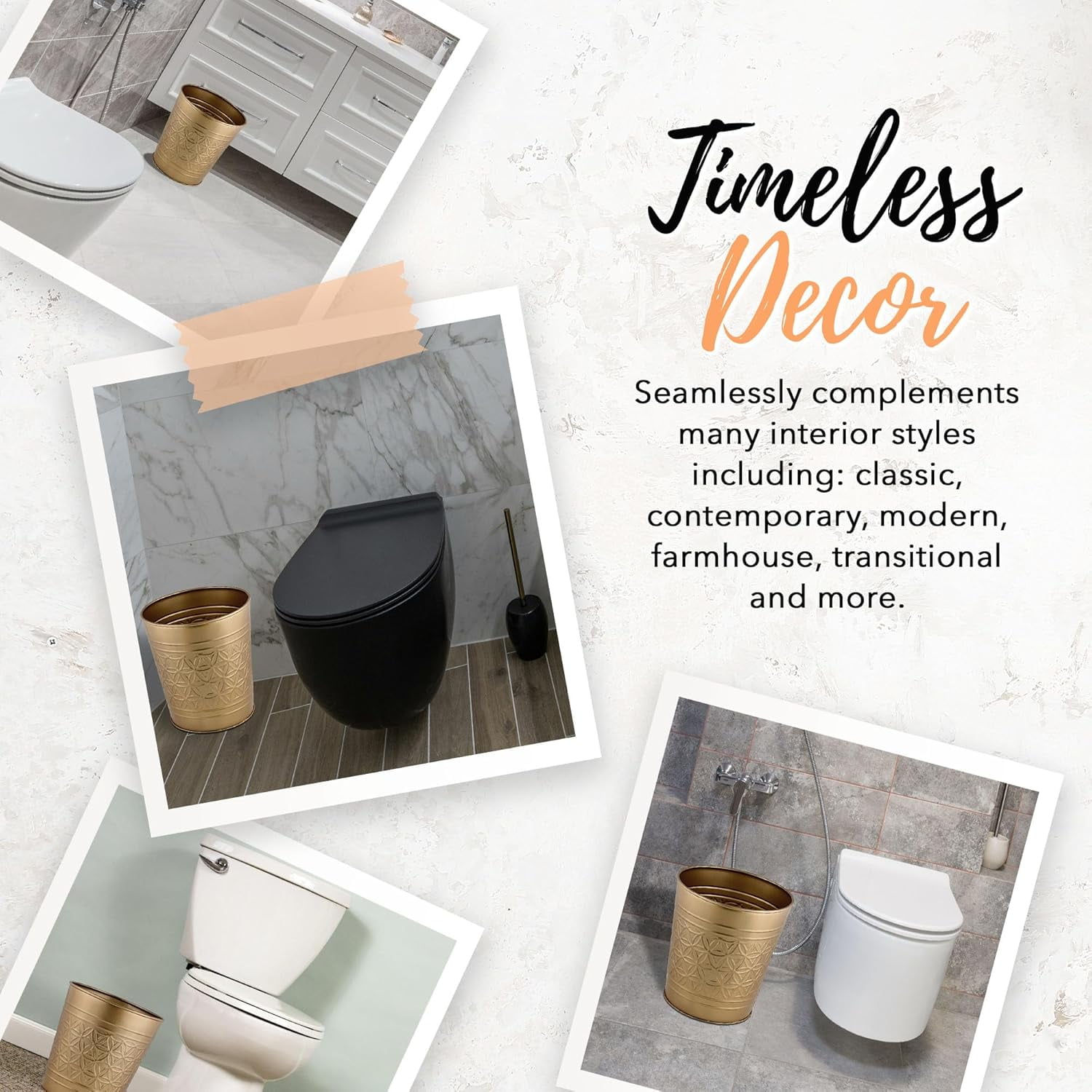 Autumn Alley 7 Liter Antique Gold Metal Bathroom Trash Can – Open Top Round Waste Basket for Bedroom, Office or Vanity