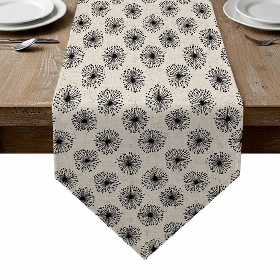 Black Beige Dandelion Table Runner Linen Burlap Table Runner 72 Inches Long Farmhouse Botanical Blossom Dresser Scarves for Kitchen Island Coffee Dining Room Party Wedding Holiday Decoration 14"x72"