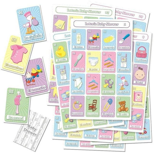 Juego de Loteria Baby Shower Impreso en Español, para 30 Jugadoras - 30 Tablas y Barajas