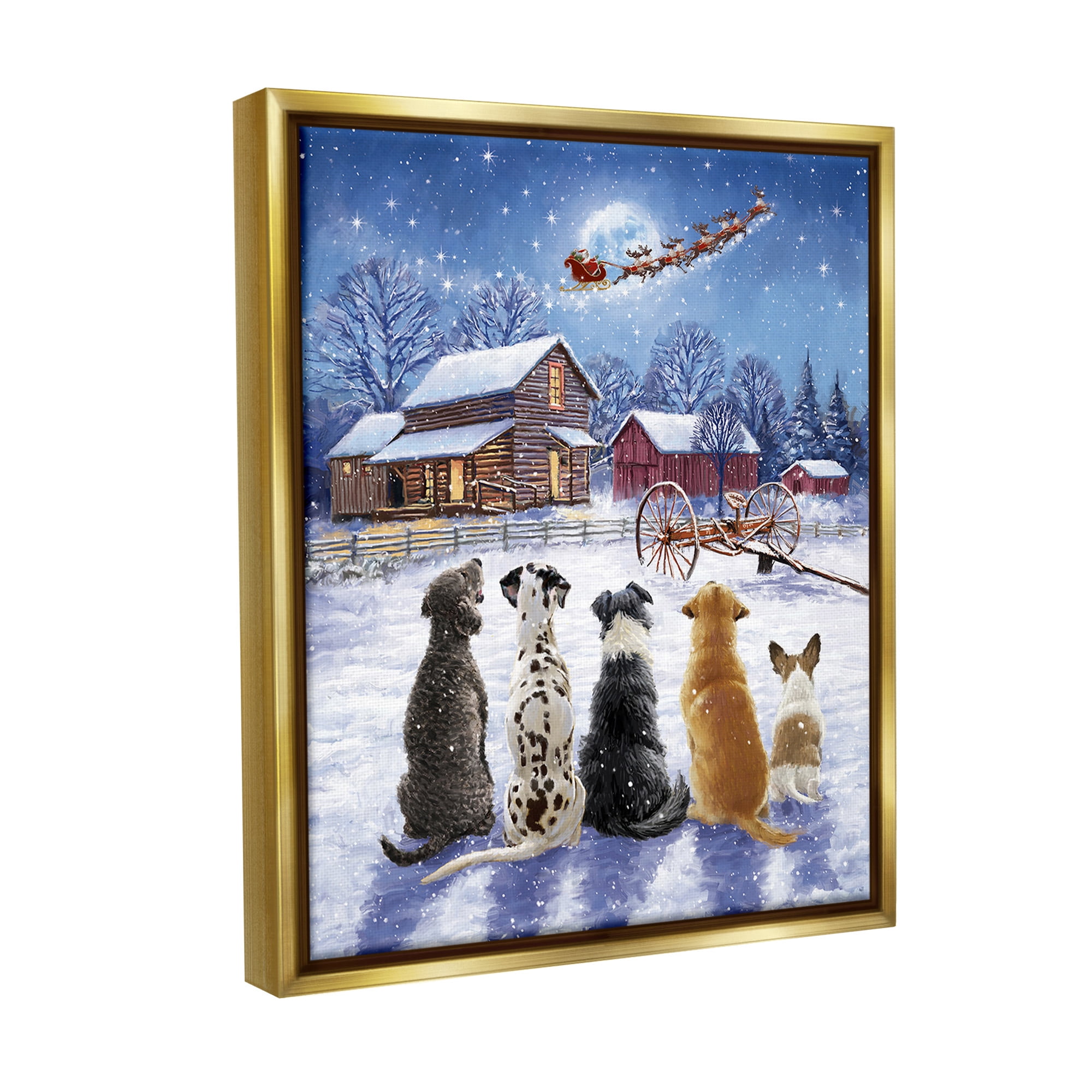 Stupell Industries Snowy Farm Dogs Holiday Painting Gold Floater Framed Canvas Art Print Wall Art, 17 x 21