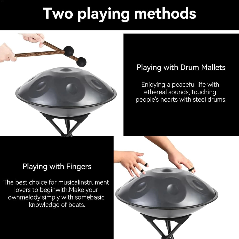 22-Inch Handpan Drum Black  Handcrafted Steel with Full Accessories  Healing Sound  Ideal Gift