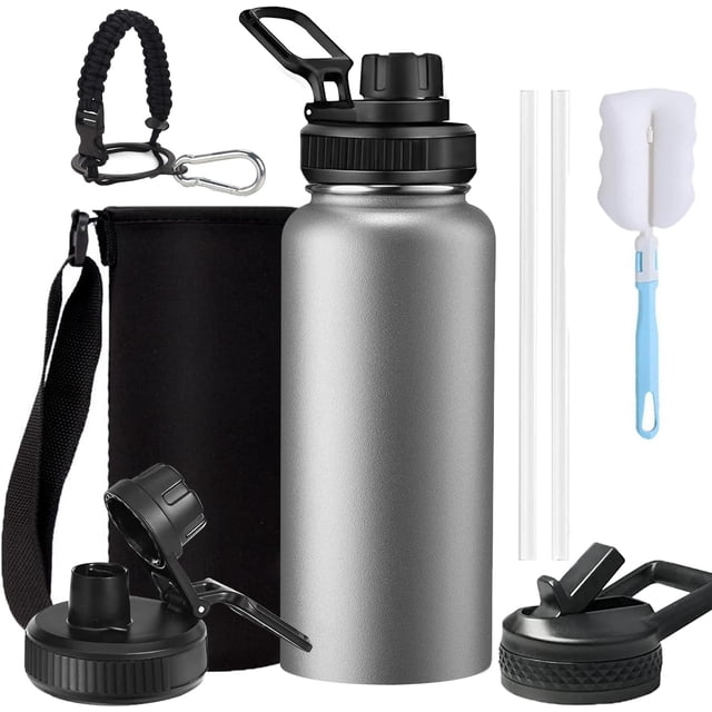 Termo de Acero Inoxidable sin BPA, con Dos Tapas, Aislamiento de Doble Pared, a Prueba de Fugas, para Agua Fría o Caliente Gris