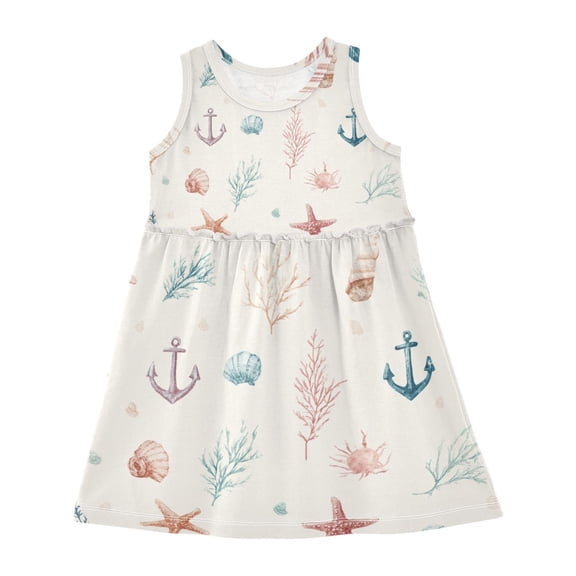 Girls Dress Starfish Shell Anchor Sleeveless Dress for Girls Hem A-Line Casual Sundress