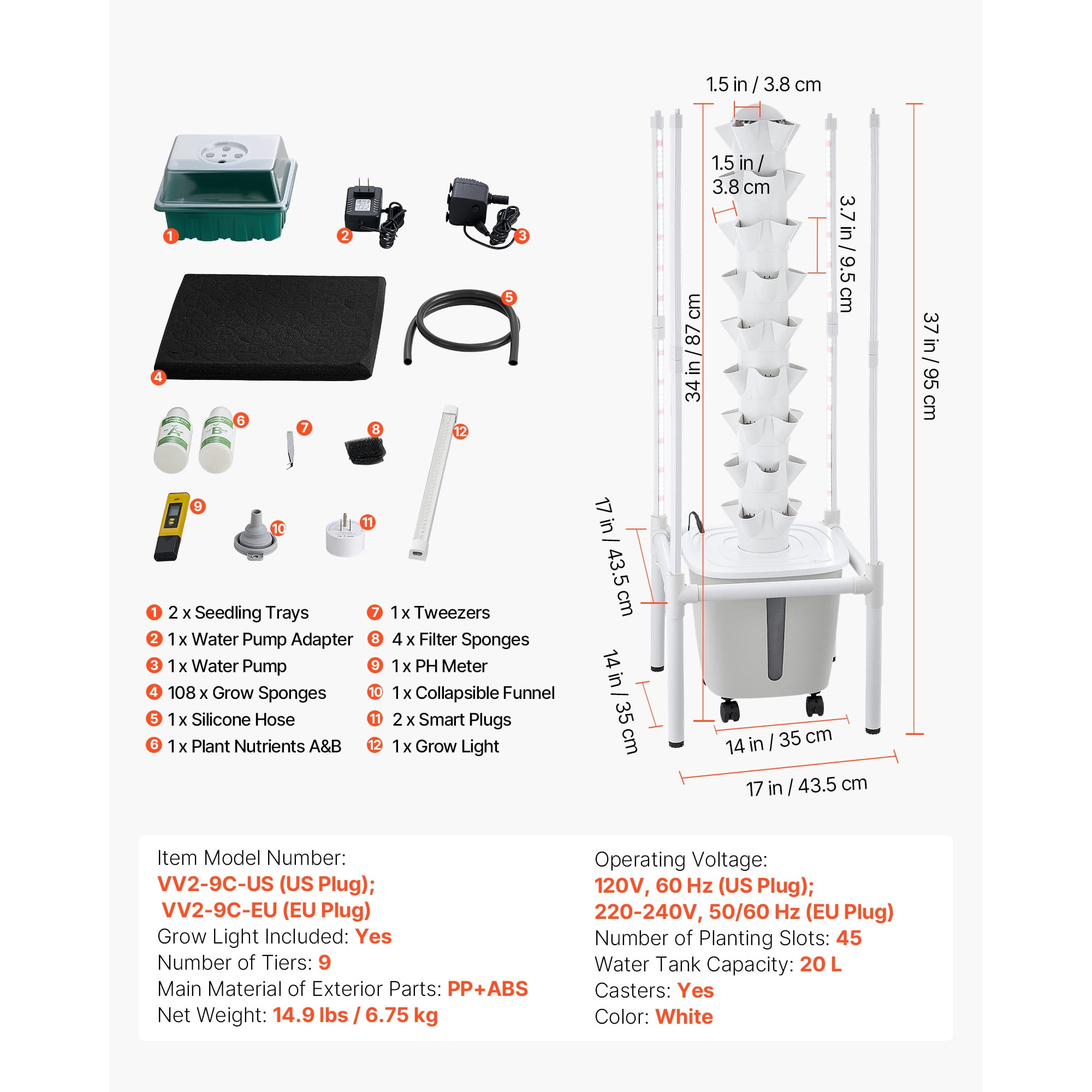 KFFKFF Hydroponic Tower System, 45 Pods and 9 Tiers with LED Grow Light, App Control & Casters, Vertical Indoor Garden with 20L Water Tank & Pump for Growing Herbs, Fruits, and Vegetables
