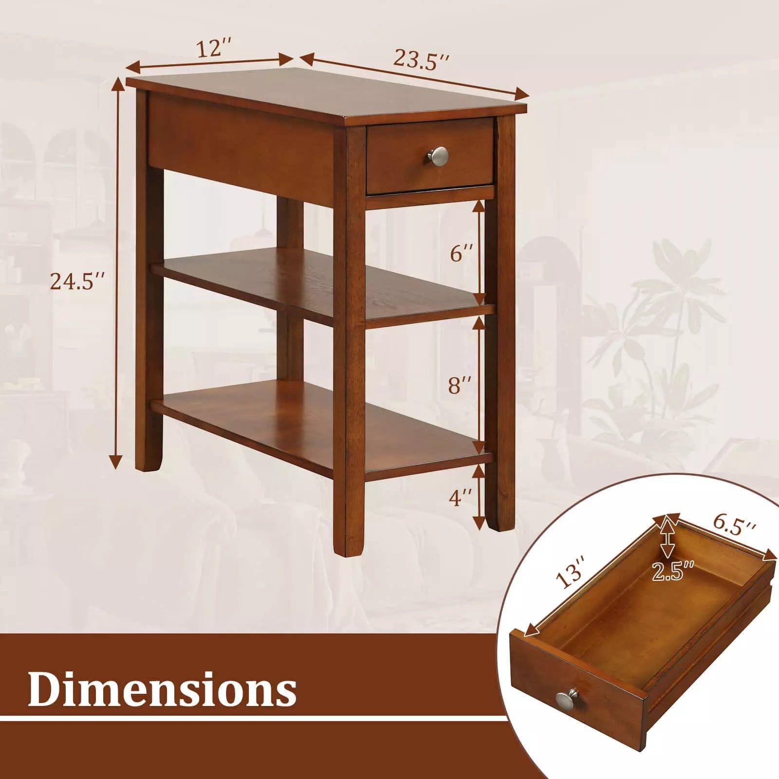 Auranook Set of 2 Narrow End Tables w/Drawer Shelves & Rubber Wood Legs Sofa Side Table