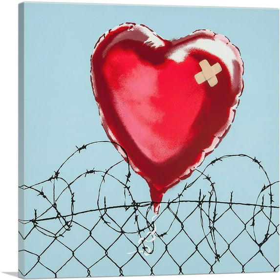 ARTCANVAS Love Hurts: Barbed Wire Heart Balloon Canvas Art Print by Banksy - Size: 26" x 26" (1.50" Deep)