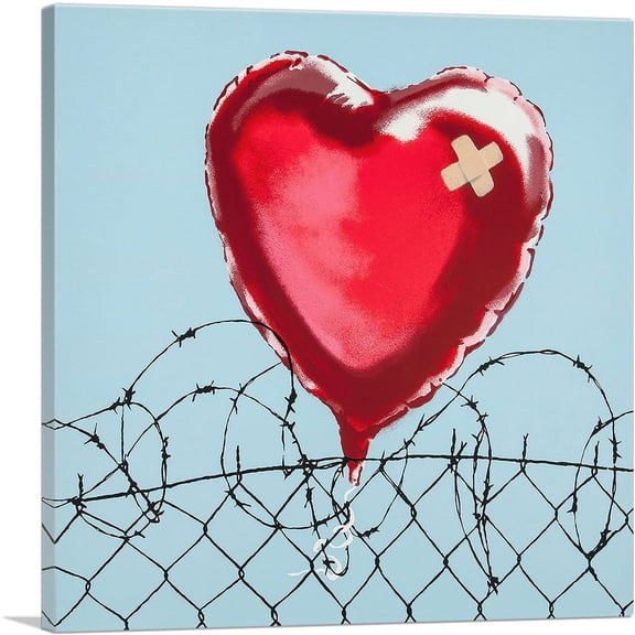 ARTCANVAS Love Hurts: Barbed Wire Heart Balloon Canvas Art Print by Banksy - Size: 18" x 18" (0.75" Deep)