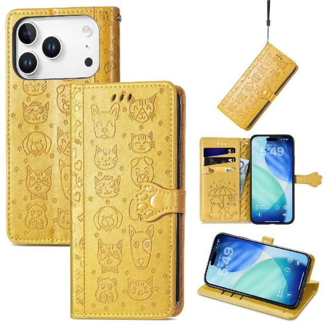 Funda Cartera FOXDOCK para iPhone 17 Pro , Flip PU con Relieve de Gatos y Perros, Tarjetero y Soporte