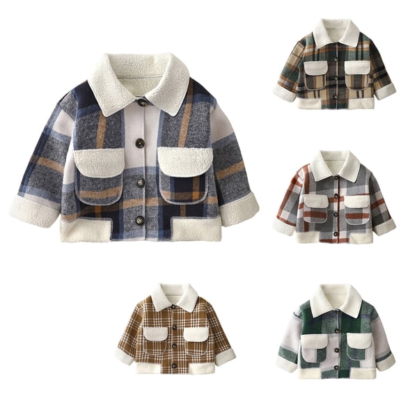 Shadoumai Kids Toddler Baby Boys Girls Flannel Jacket Plaid Long Sleeve Lapel Button Down Fall Warm Kids