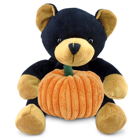 DolliBu Super Soft Black Bear Stuffed Animal with Pumpkin Decor  - Pumpkin Plush Black Bear Animal for Fall, Halloween and Thanksgiving, Pumpkin Toy for Baby, Kids, Adults - 6 Inch