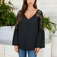 thumbnail image 4 of Women's Lace Detail V-Neck Blouse with Bell Sleeves- Large, Black, 4 of 7