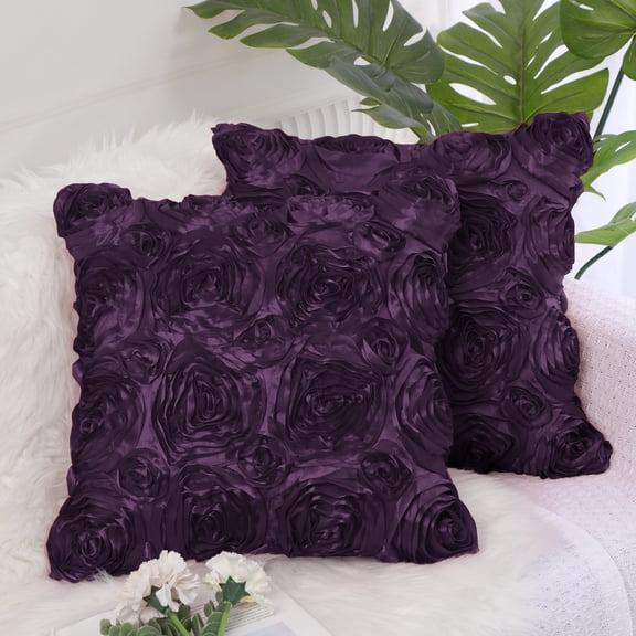 PiccoCasa Decorative Throw Pillow Covers 3D Satin Rose Flower Shells Cushion Covers, 2Pcs, 16"x16" Purple