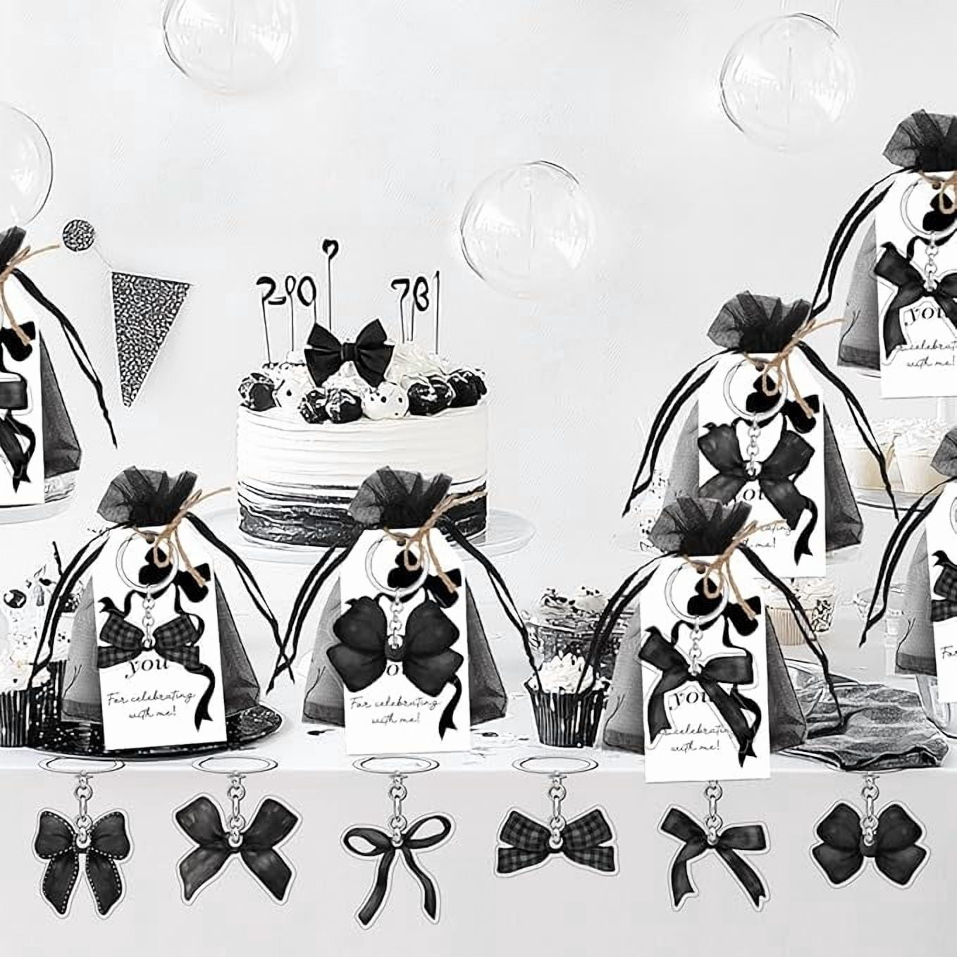 72Pcs Black Bow Party Favors Black Bow Key Chains Thank You Tags Bow Theme Keychains Gift Organza Bags for Girl Birthday Bachelorette Baby Shower Bridal Shower Party Supplies