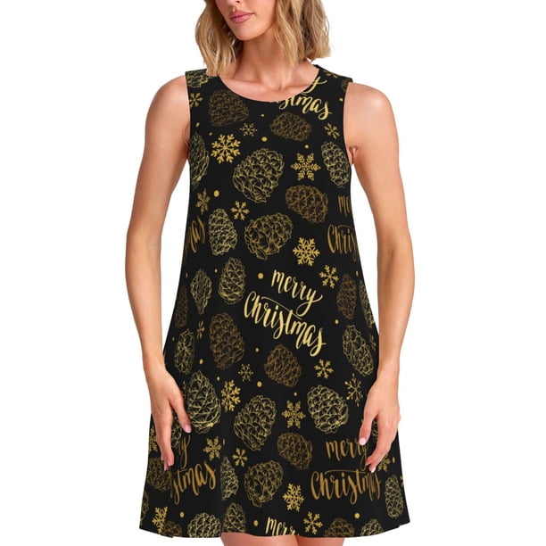 Balery Gold Pinecone Merry Christmas Vestidos de verano para mujer con estampado: vestido holgado sin mangas, vestido playero informal y cómodo para días calurosos.