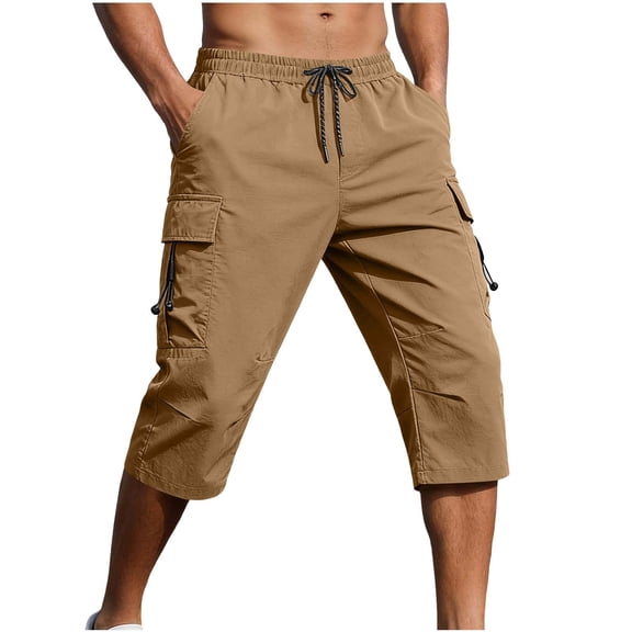 biudgviw Men's Cargo Shorts Elastic Waist Casual Baggy Capri Pants Lightweight Outdoor Below Knee Length Workwear Shorts with Multi Pockets