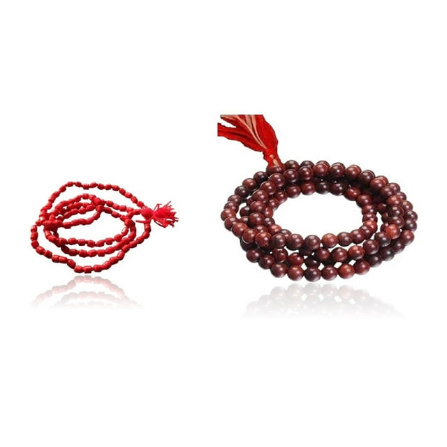 Kamada Combination of Red Coral (Moonga) mala and exquisite red chandan (Sandalwood) mala,Spritual Necklace/rosary for Women and Men