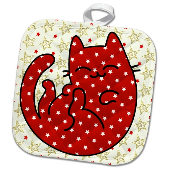 3dRose, Round Cartoon Cat Belly Up in Red Patterned Holiday Stars, 8x8 Potholder