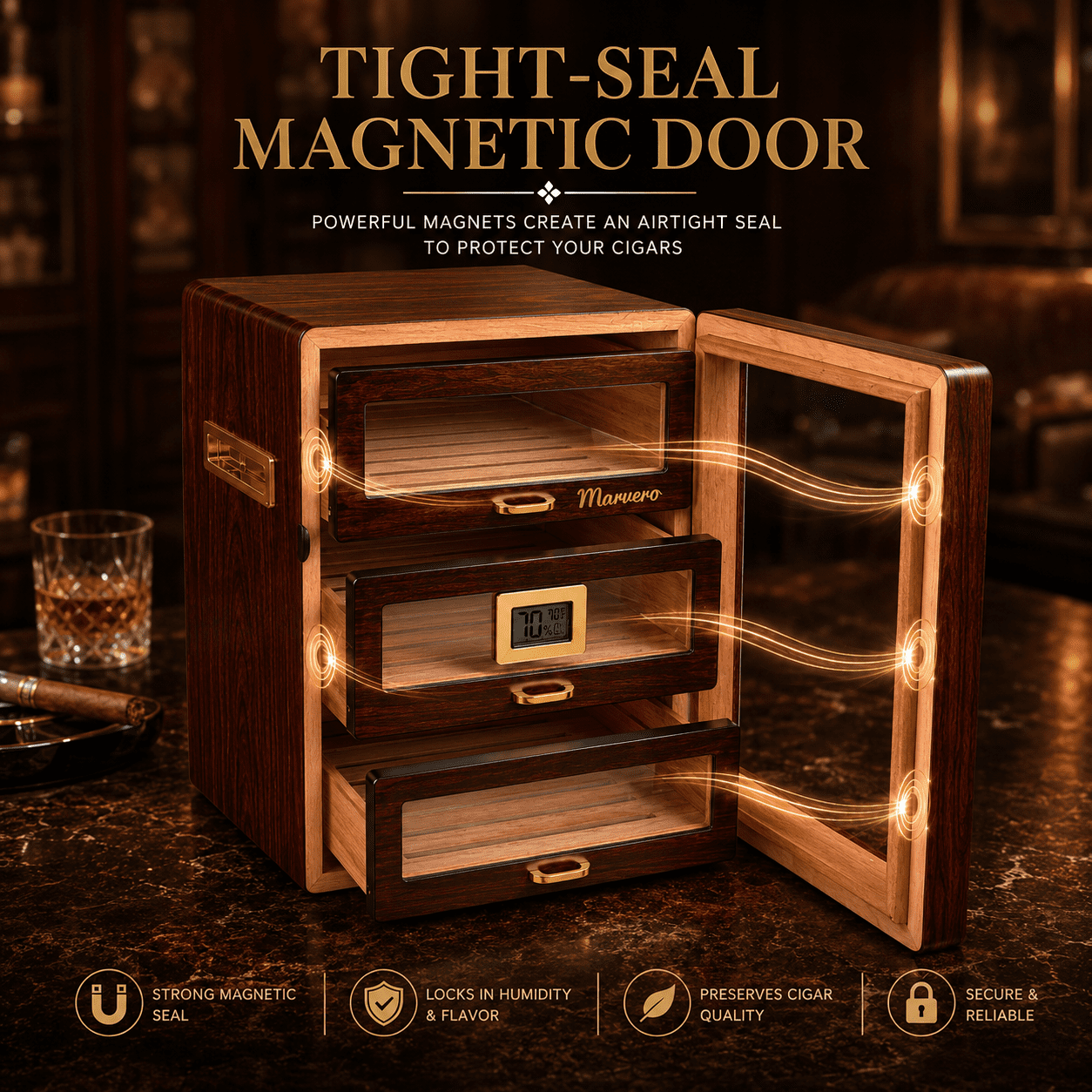 Marvero Cedar Wood Cigar Humidor Cabinet, Digital Hygrometer, 3 Movable Drawers, Double Glass Door, Gold-Plated Hardware, Humidifier, Holds Up to 100-200Cigars