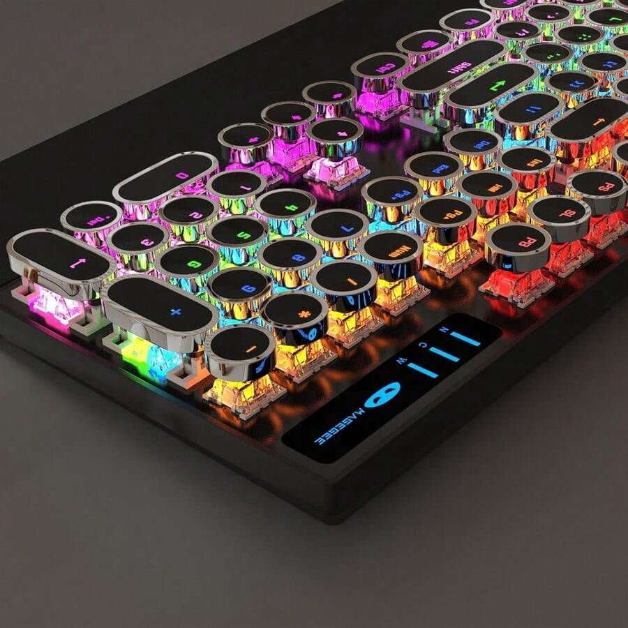 XX Typewriter Mechanical Gaming Keyboard, Retro Black Punk Round Keycaps RGB Rainbow Backlit Wired Keyboards For Laptop PC Gamer, With Magnetic Wrist Rest - Blue Switch