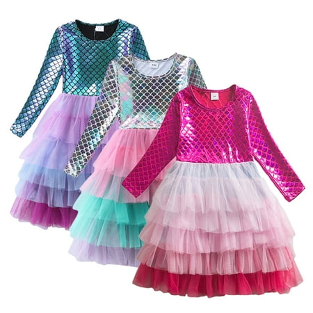 

KYAIGUO Toddler Girls Sequin Tulle Dress Kids Longsleeve Party Gown Dress Formal Flower Princess Party Gown Holiday Skirt Outfit for 3-8 Years Old