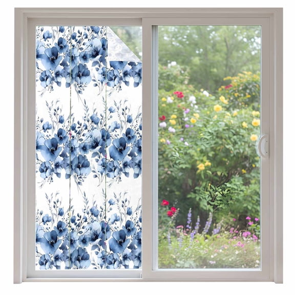 Blue Floral Window Privacy Film, Vintage Farmhouse Garden Flower Leaves Static Cling UV Sun Blocking Heat Control Window Tint Day and Night, Non-Adhesive One Way Windows Privacy Cover 35.4''x78.7''