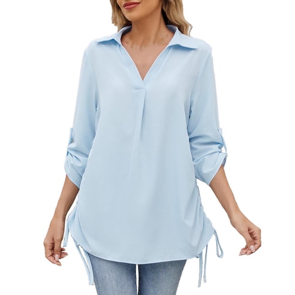 Enjoytime Womens Business Casual Tops Solid Color Turndown Collar Long Sleeve Blouses Fall Winter Trendy Button Down Shirts for Women Blue L
