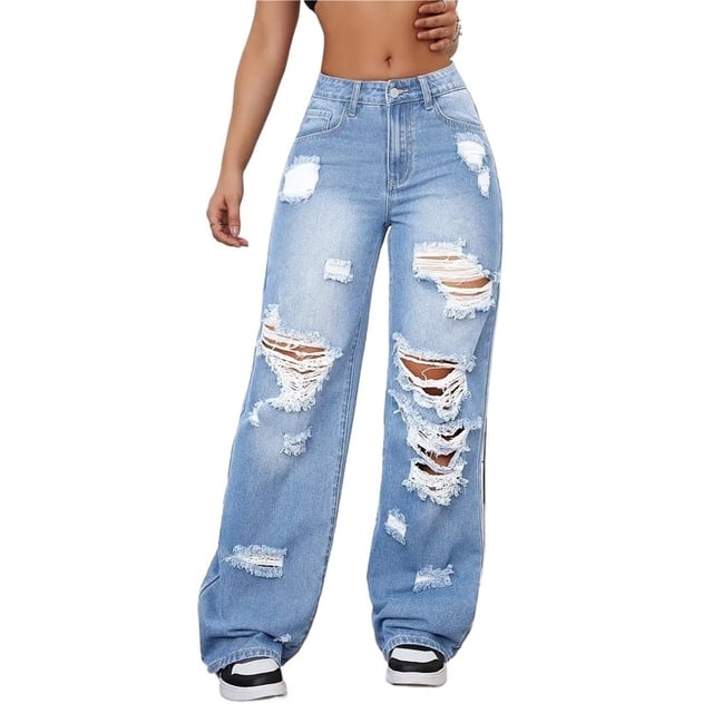 Pantalones vaqueros rasgados de talle alto y pierna ancha Y2K holgados for novio, pantalones versátiles de mezclilla desgastados