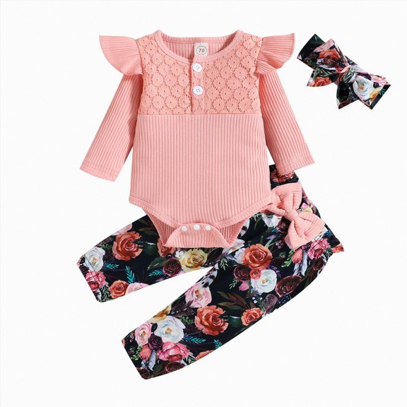 NLOMOCT Baby Girl Winter Clothes 3 Pcs Fall Outfit Newborn Baby Girl Clothes Ruffle Long Sleeve Romper Pants Headband Clothes Pink,6-12 Months