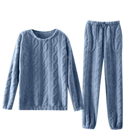 

kakina CMSX Clearance Women Flannel Thickened Plus Velvet Homewear Pajama Pants Sets Blue XXL