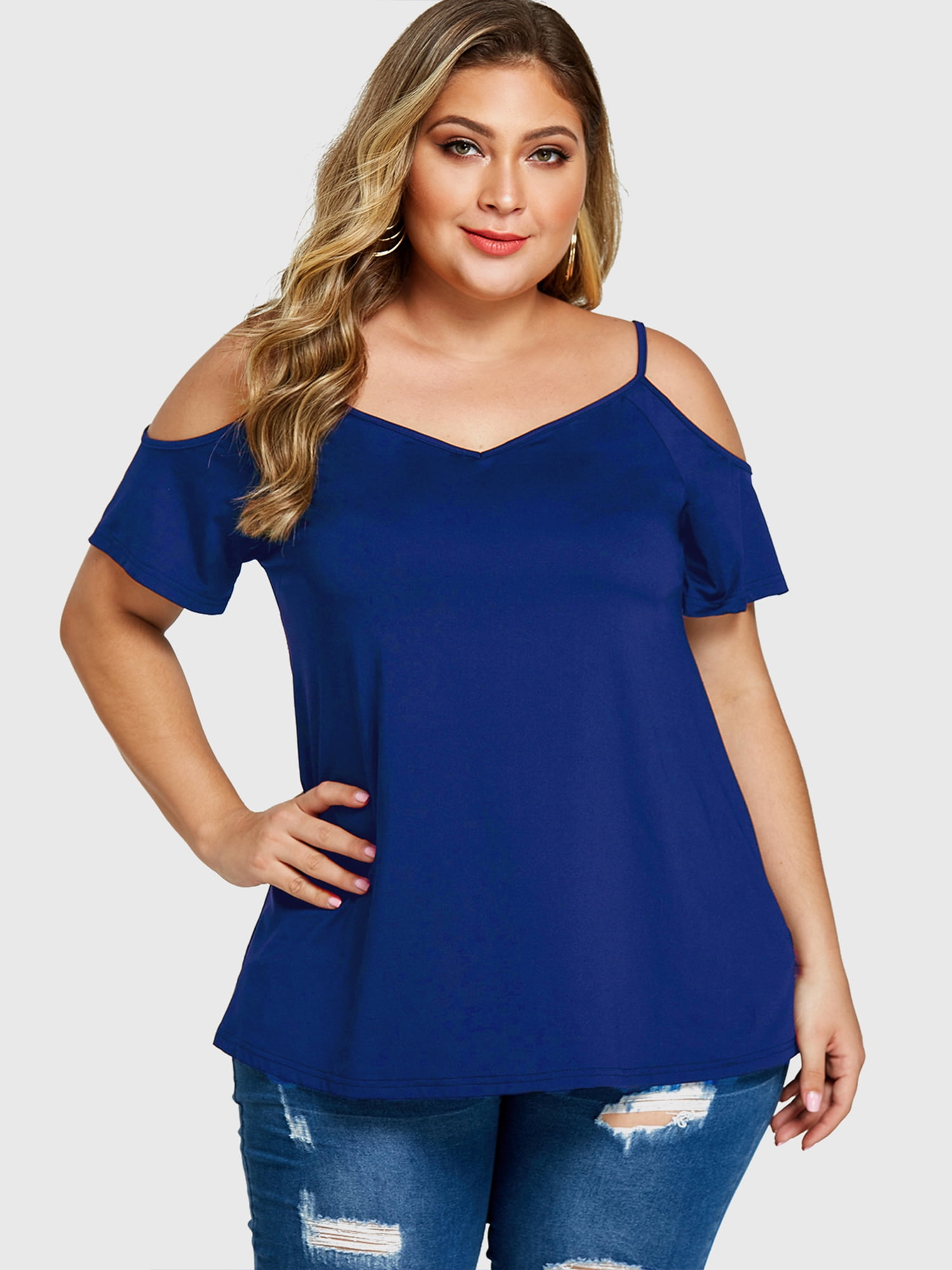 Chama Short Sleeve Off Shoulder Shirts for Women Size V Neck Cold Shoulder Tunic Tops Blouses Walmart.com