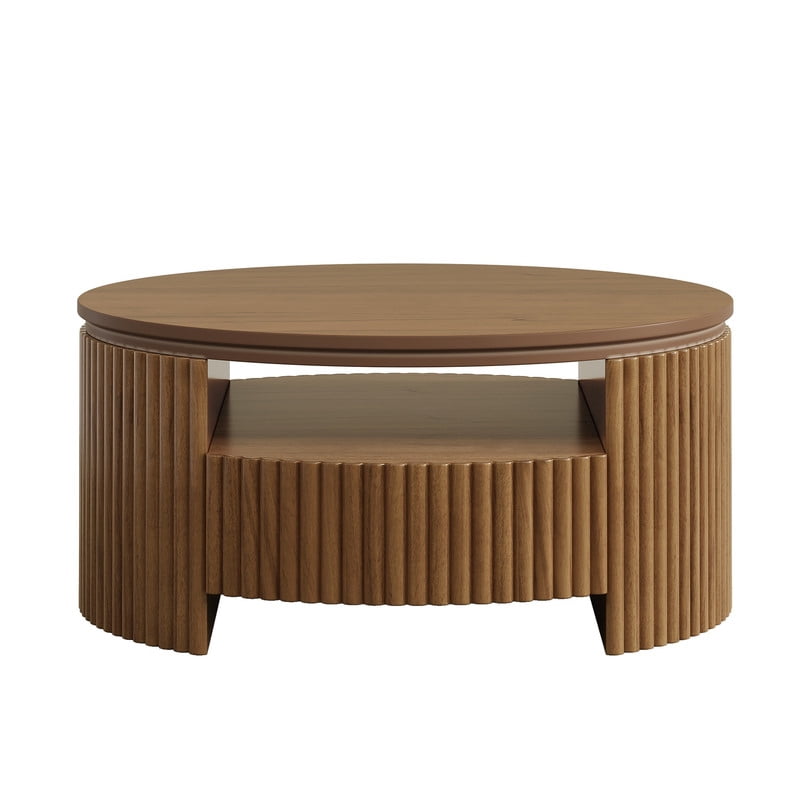 30.3'' Round Fluted Coffee Table with Dual Hidden Storage Drawers, 2-Tier Design Center Cocktail Table with Open Shelf