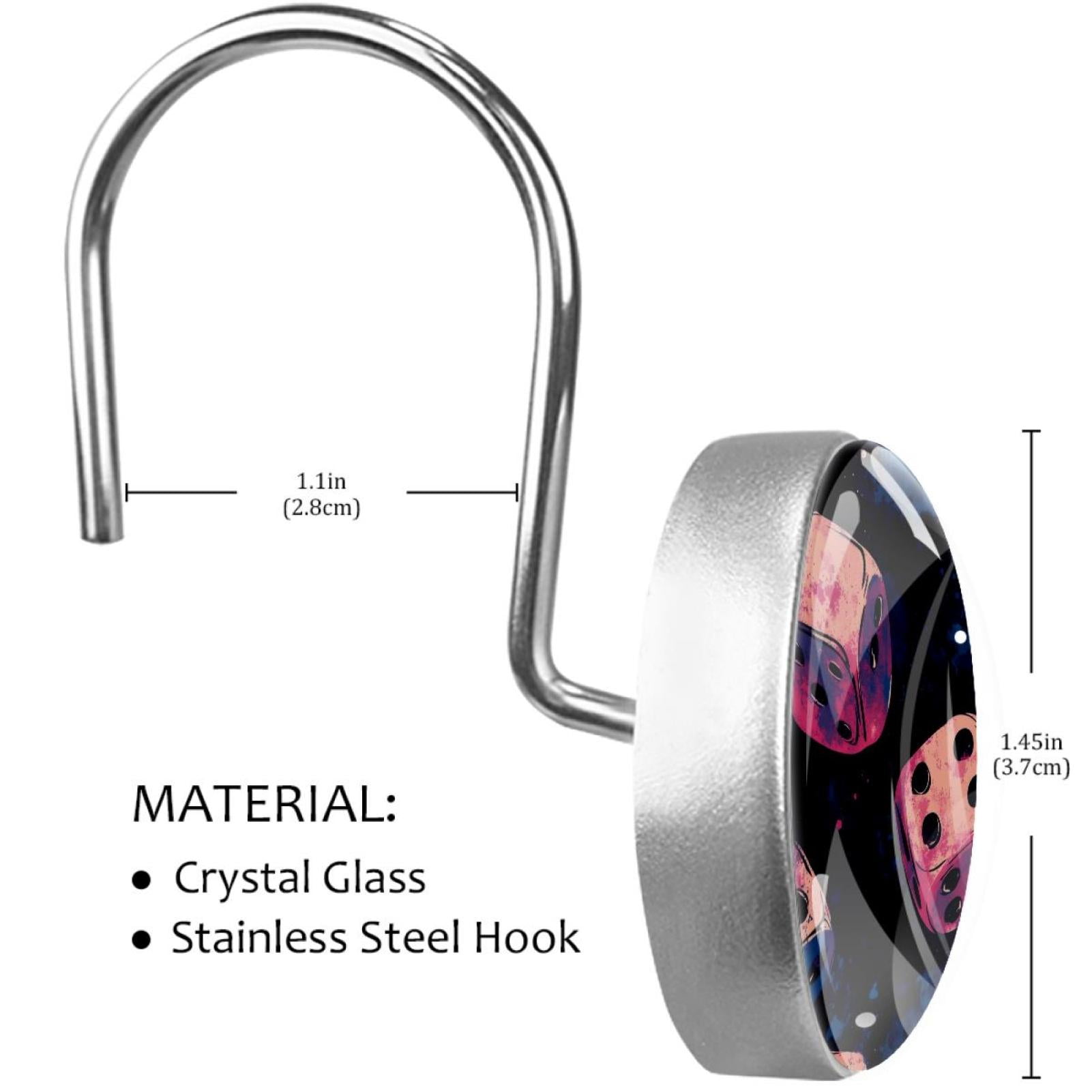Pink Dices Shower Curtain Hooks Round Crystal Glass, Set of 12 Shower Curtain Rings - Shower Hooks for Curtain Shower Rings