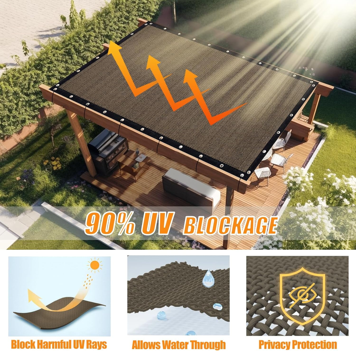 NAWAY 90% Sun Shade Cloth 10'x14' Outdoor Pergola Shade Cover Canopy with Grommets UV Block Privacy Screen for Patio, Backyards, Outdoor, Carport, Garden, Mocha