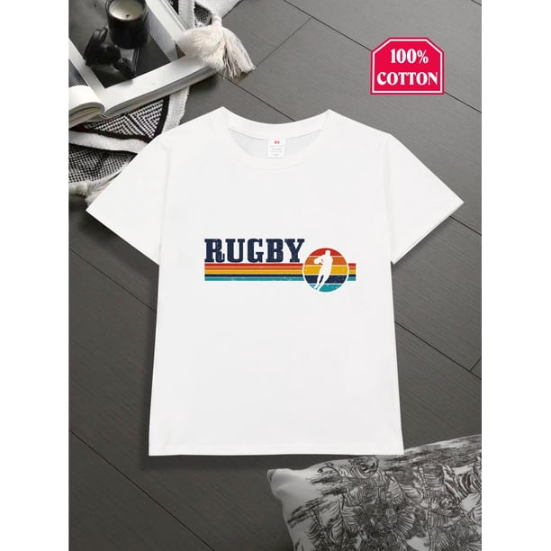 Rugby T-shirt - Boys' Rugby Graphic Cotton T-Shirt - Short Sleeve, Black with Colorful Stripes & Football Design, Casual Crew Neck Tee for Youngsters, Perfect Gift for Sports Fans