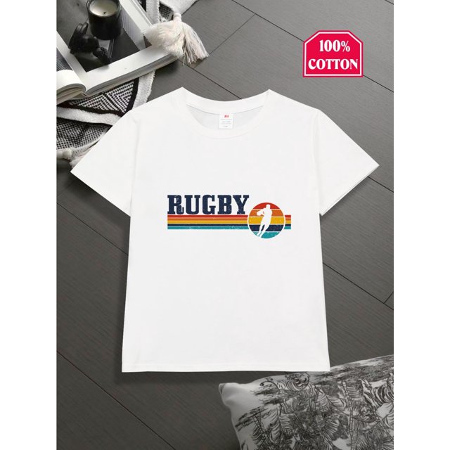 Rugby T-shirt - Boys' Rugby Graphic Cotton T-Shirt - Short Sleeve, Black with Colorful Stripes & Football Design, Casual Crew Neck Tee for Youngsters, Perfect Gift for Sports Fans