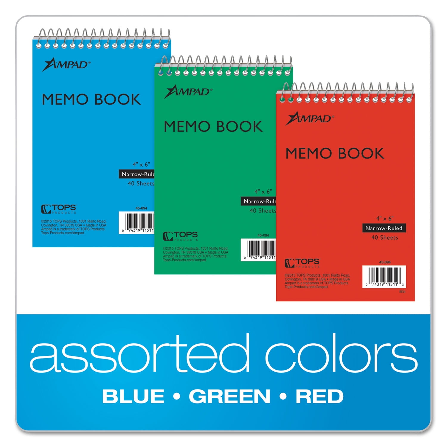 1PC Ampad Memo Pads, Narrow Rule, Assorted Cover Colors, 40 White 4 x 6 Sheets, 3/Pack