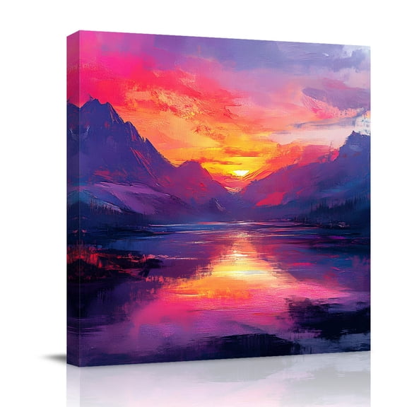 Canvas Wall Art Sunset Landscape Canvas Art Print Lake Reflection Mountain Peaks Pink Purple Pictures Wall Decor for Living Room Bedroom Artwork Decorations Stretched Framed Ready to Hang 12"x12"