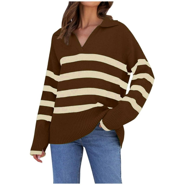 MeetoTime Pullover Sweater for Women Fall Casual Striped Long Sleeve Tops V-Neck Collared Loose Knit Sweaters