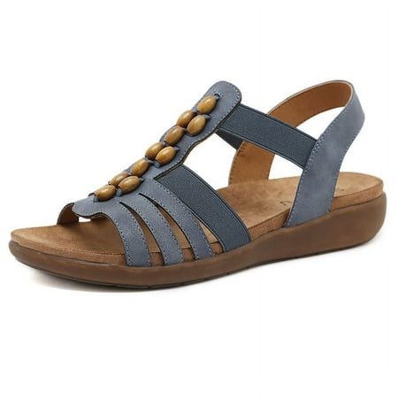 

Women Summer Beach Sandals Vintage Beaded Bohemian Elastic Flat Sandals
