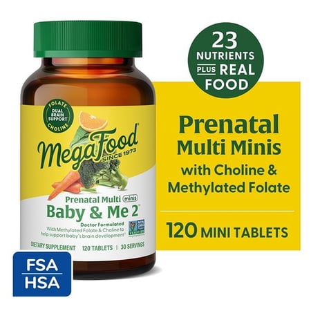MegaFood Baby & Me 2 Prenatal Minis - Folate, Choline, Iron, Vitamin C & D3 - 30 Servings