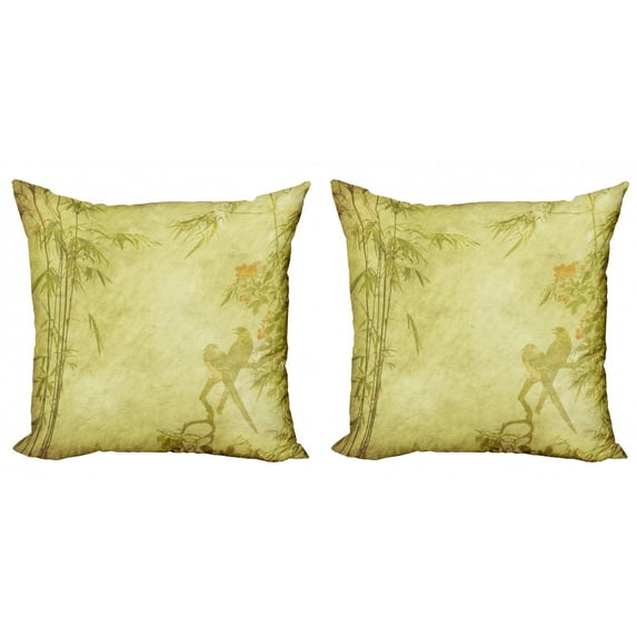 Ambesonne Asian Themed Throw Pillow Cover 2 Pack, Branch and Birds Motif, 18", Green