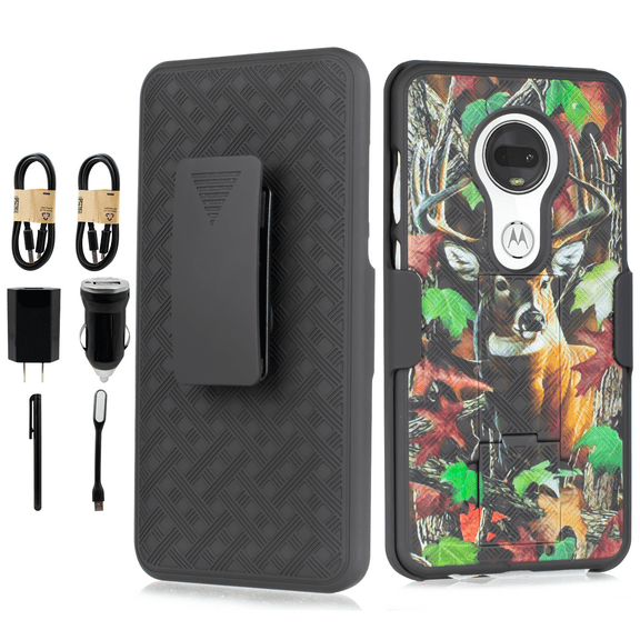 Value Pack for 6.2" Motorola Moto G7 Holster Belt Clip Kickstand Hybrid Shock Bumper Screen Protector Dual Layer Raised Bevel Design Enhance Camera Aim At All Buttons & Sockets Case + [Deercamo]