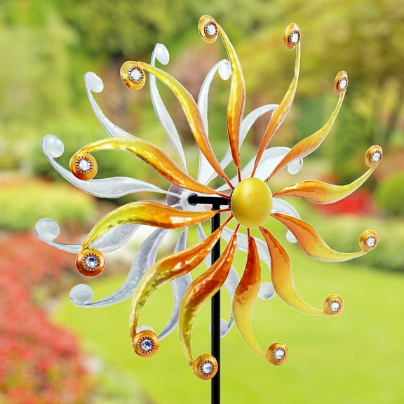 1pc, 54-Inch Outdoor Metal Spinner Windmills For The Yard Garden Decor Art Pinwheels Whirligigs With Two-Layer Blades That Can Rotate In 360 Degree Breeze (Orange And Cyan)
