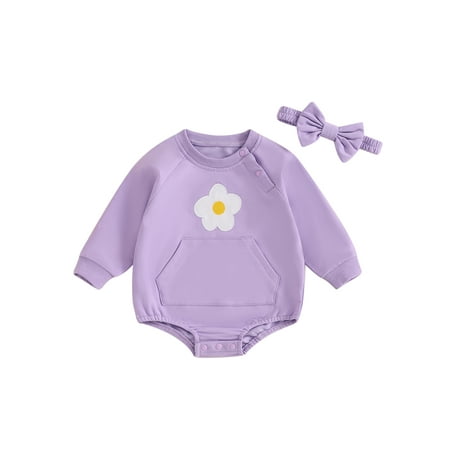 

Txlixc Baby Girls Autumn Crew Neck Romper Long Sleeve Floral Embroidery Sweatshirt Romper with Headband