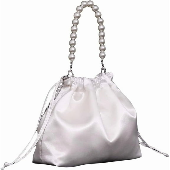 Women's Satin Evening Bag Pearl Drawstring Handbag Clutch Purse