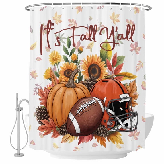 Pumpkin Football Fall Shower Curtain, Waterproof Shower Curtains for Bathroom, Thanksgiving Sunflower Maple Leaf Washable Fabric Bathtub Curtain Set Bath Decor with 12 Hooks Extra Long 72"x96"