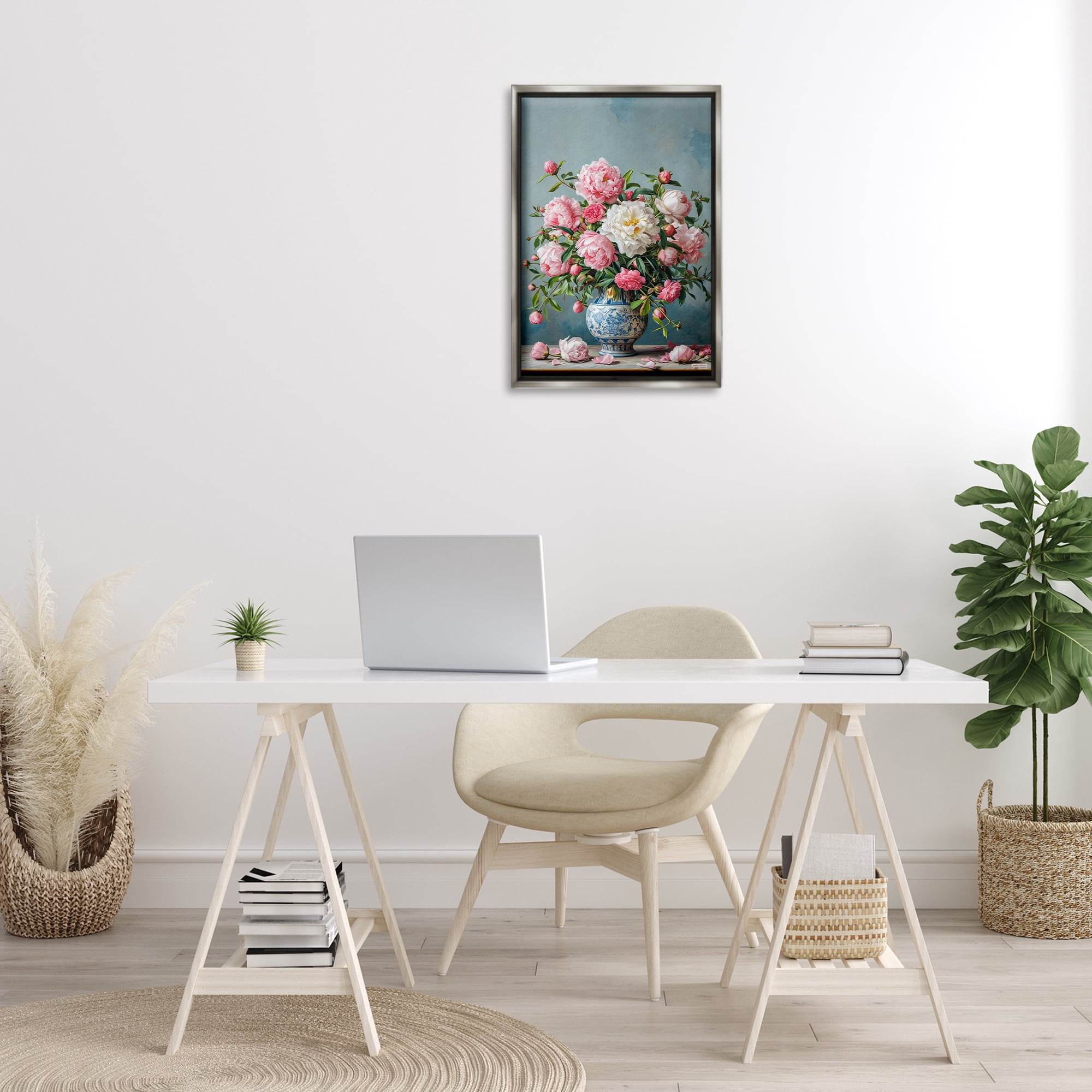 Stupell Industries Full Peonies Vase Botanical & Floral Painting Gray Floater Framed Art Print Wall Art, 17 x 25