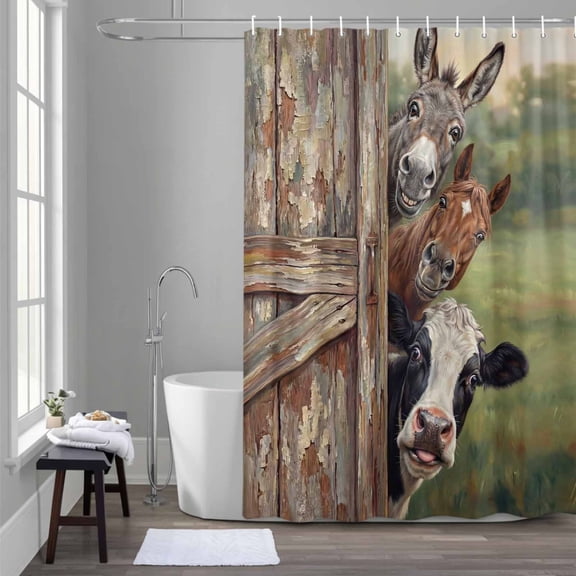 Farmhouse Shower Curtain for Bathroom Decor, Cow Horse Donkey Countryside Vintage Waterproof Fabric Shower Curtain, 54"x78" Set with 12 Hooks