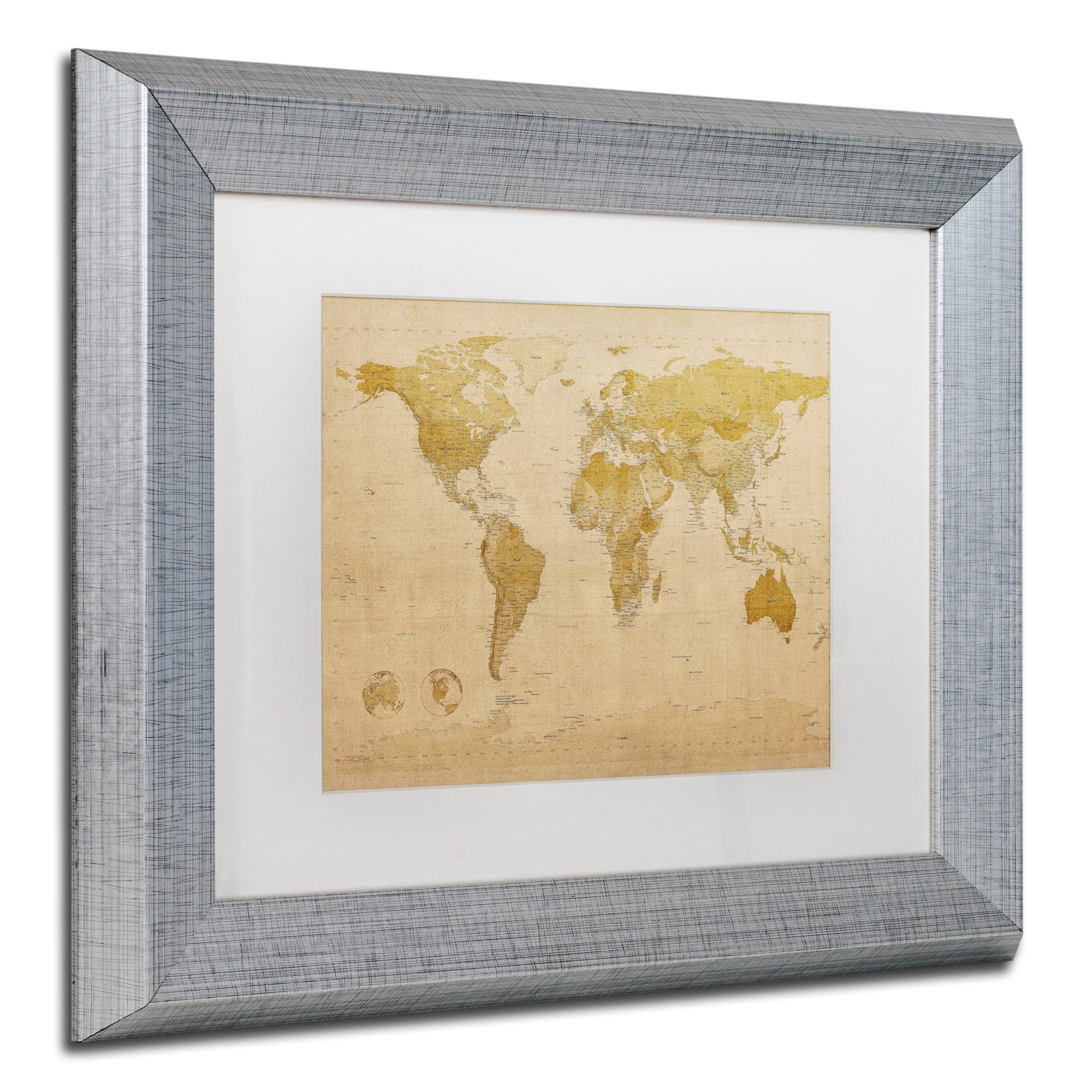 Trademark Fine Art "Antique World Map" Canvas Art by Michael Tompsett White Matte, Silver Frame